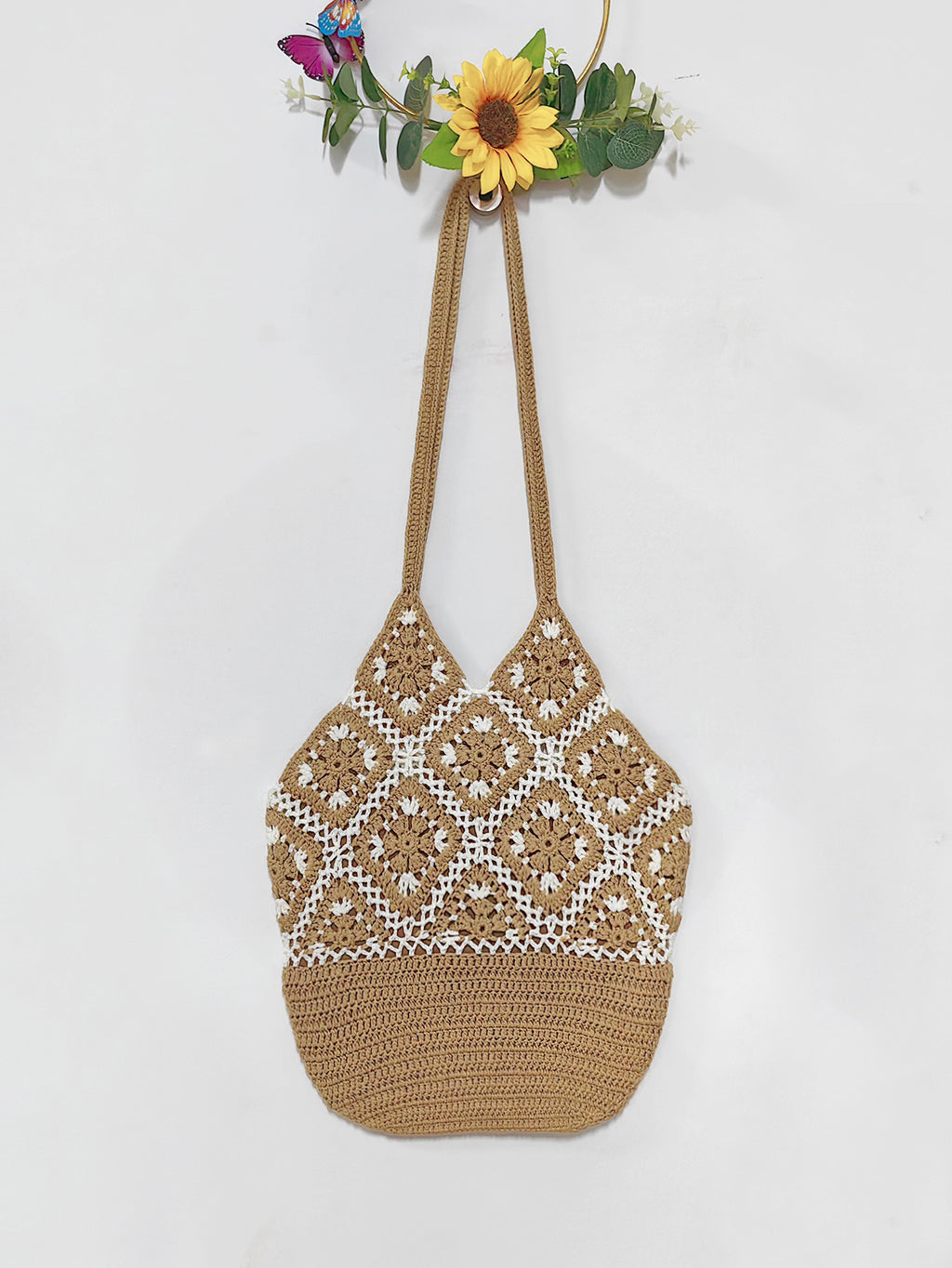 Women Granny Square Crochet Tote Bag, Boho Beach Shoulder Bag