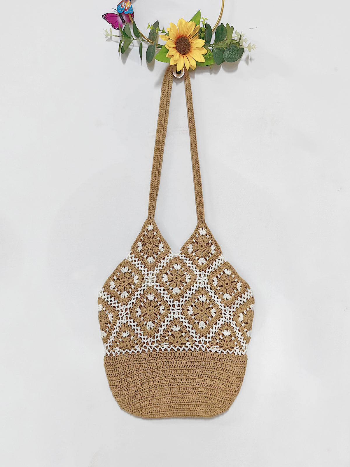 Women Granny Square Crochet Tote Bag, Boho Beach Shoulder Bag