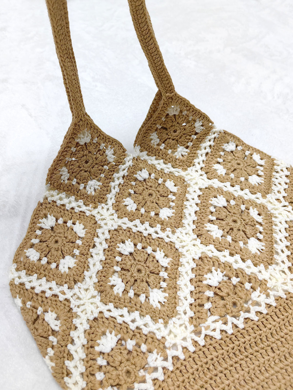 Women Granny Square Crochet Tote Bag, Boho Beach Shoulder Bag