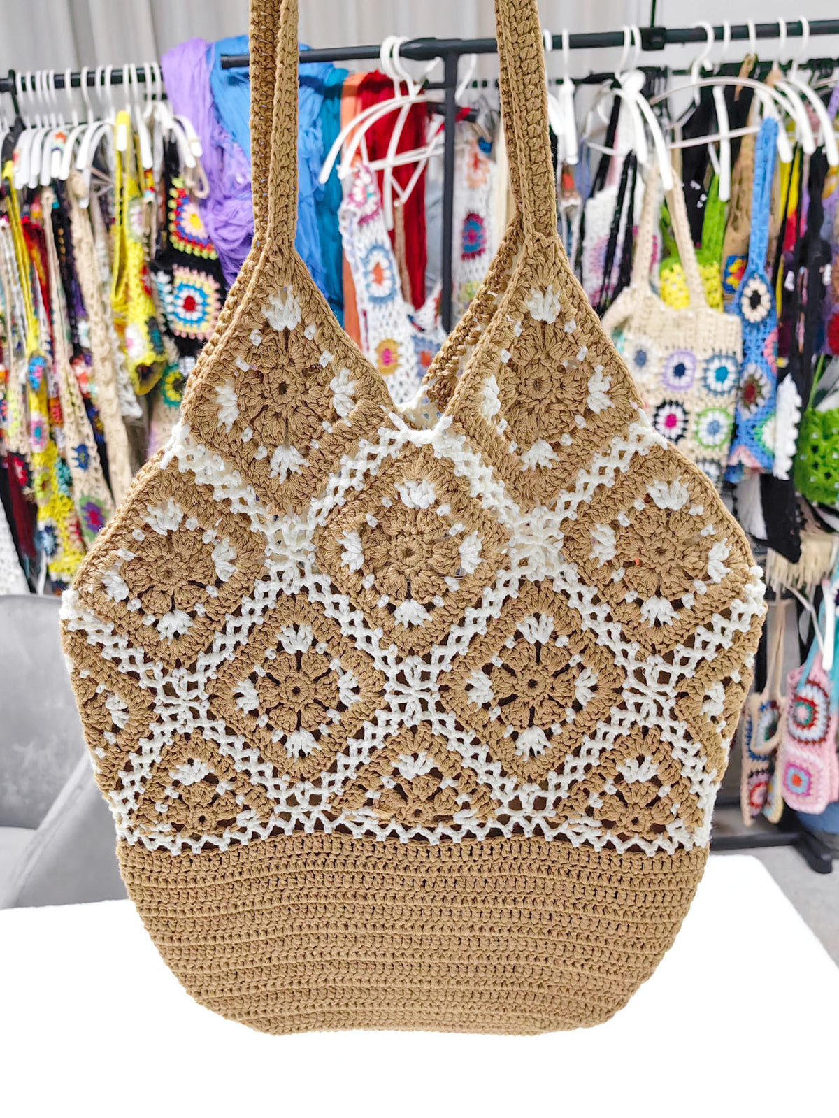 Women Granny Square Crochet Tote Bag, Boho Beach Shoulder Bag