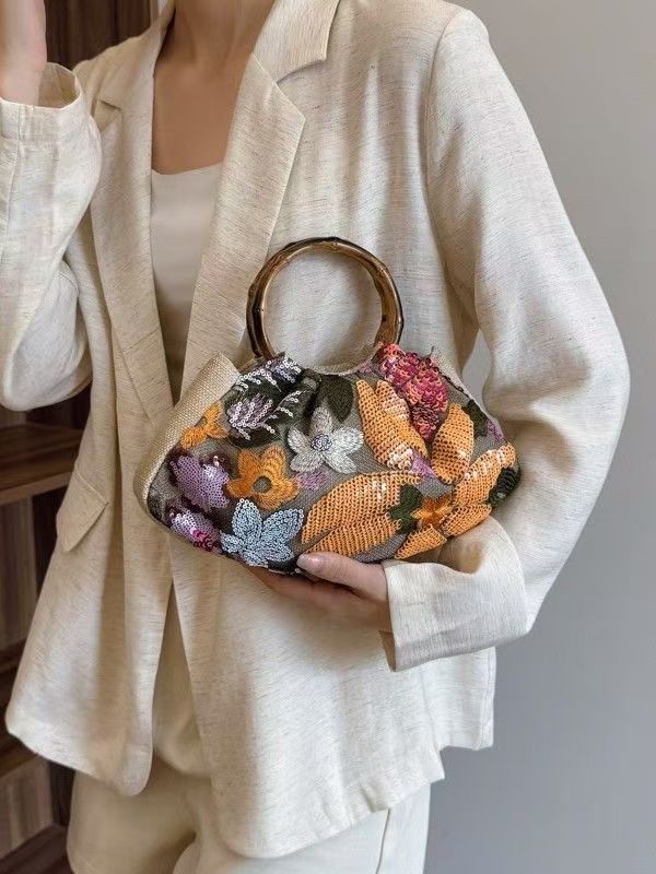 Women Linen Handbag, Floral Sequin Tote Purse