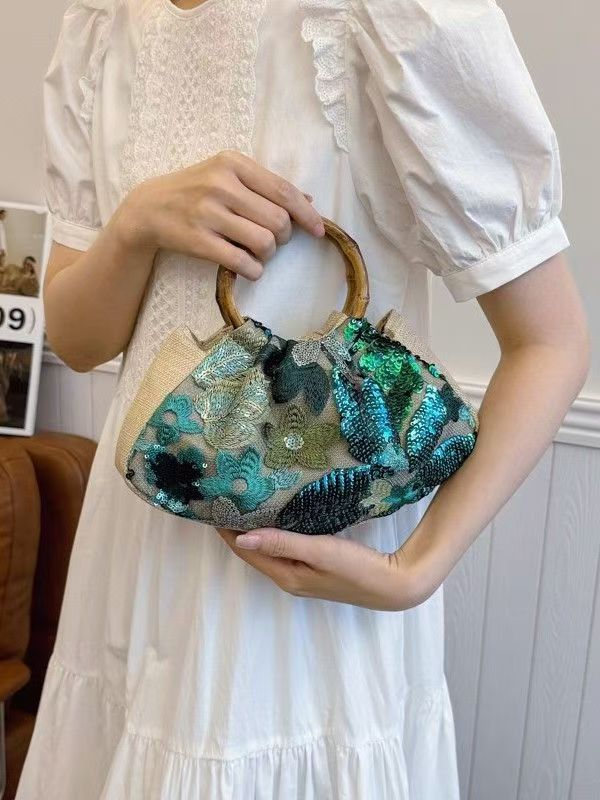 Women Linen Handbag, Floral Sequin Tote Purse