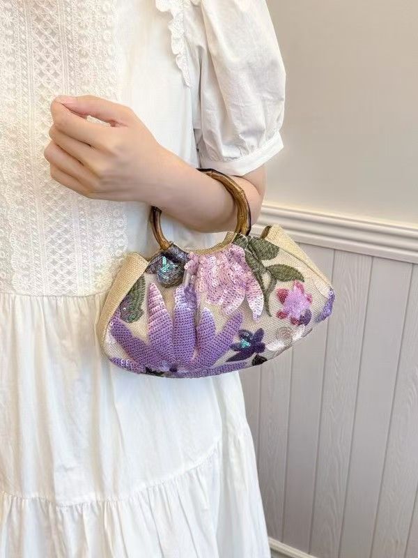 Women Linen Handbag, Floral Sequin Tote Purse