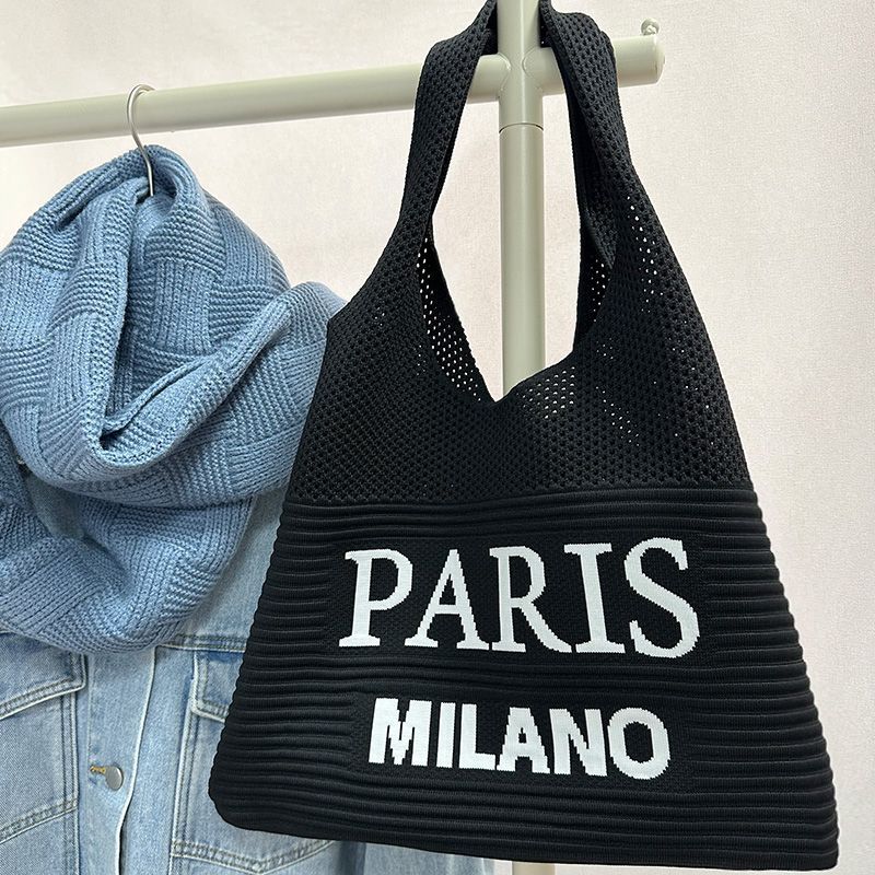 Women Knit Tote Bag, Letter Print Large Capacity Shoulder Bag