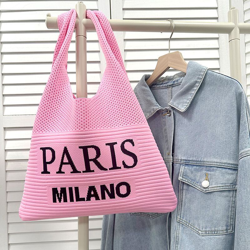 Women Knit Tote Bag, Letter Print Large Capacity Shoulder Bag