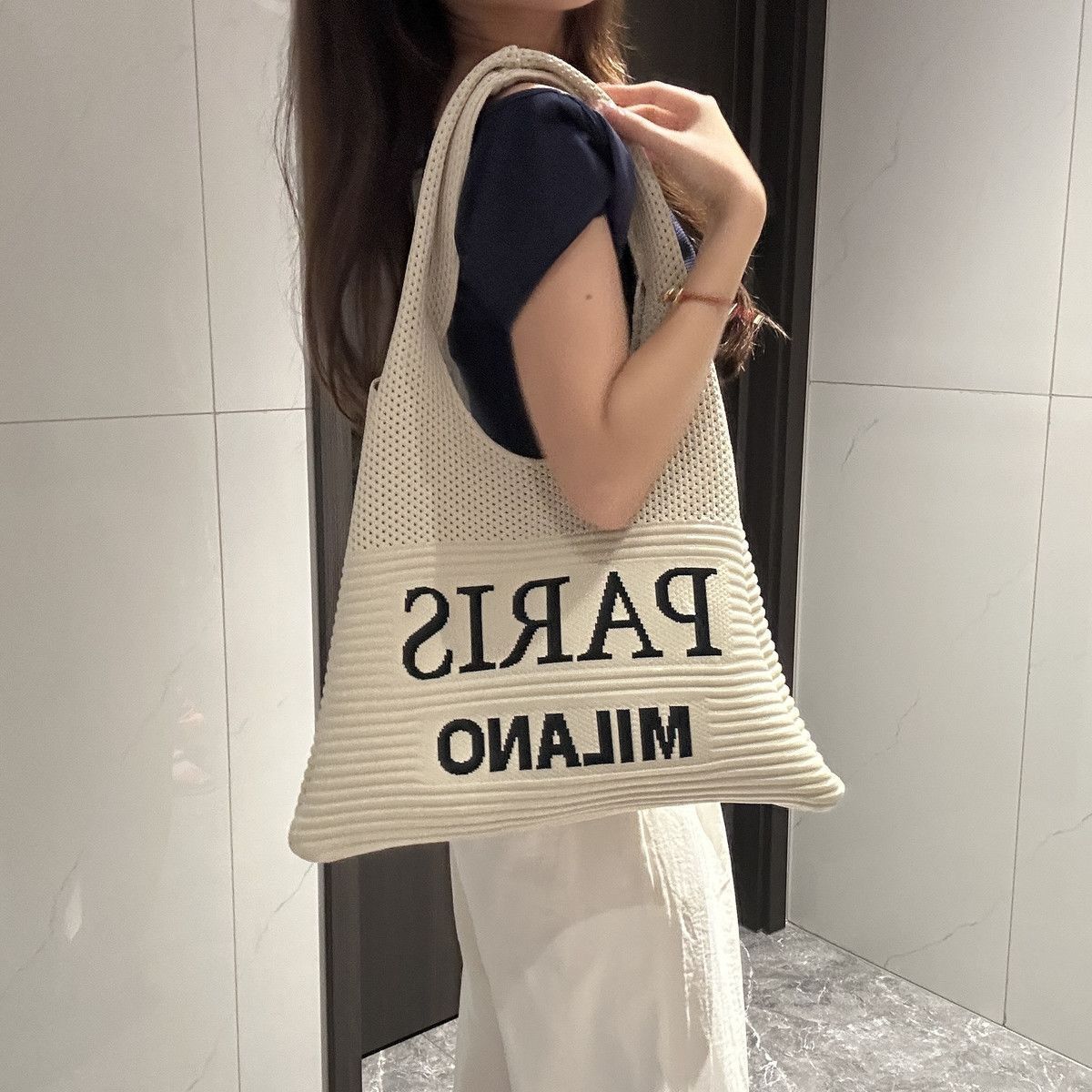 Women Knit Tote Bag, Letter Print Large Capacity Shoulder Bag