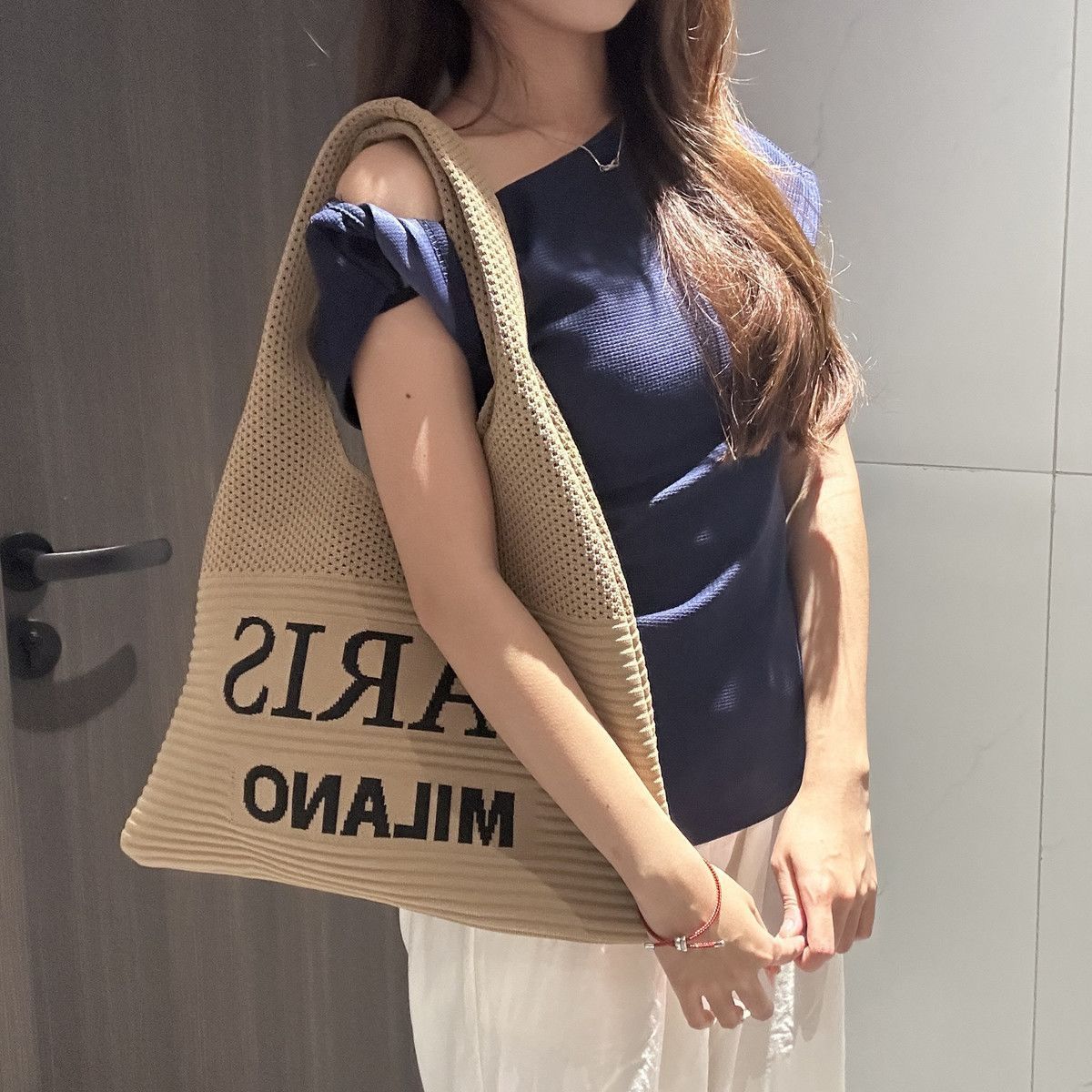 Women Knit Tote Bag, Letter Print Large Capacity Shoulder Bag