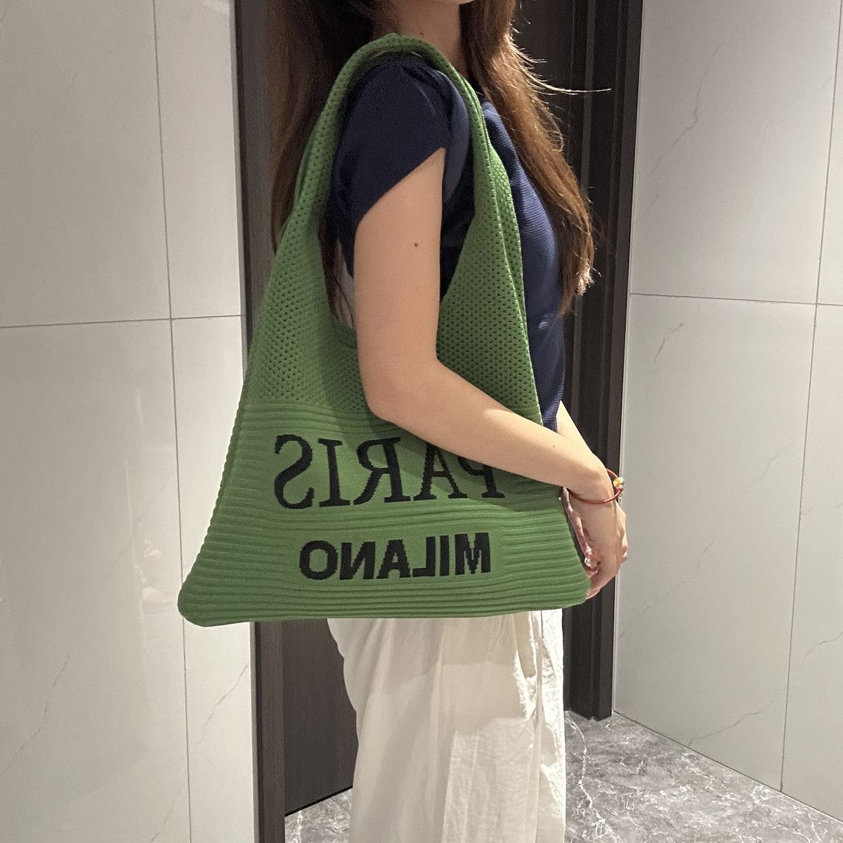 Women Knit Tote Bag, Letter Print Large Capacity Shoulder Bag