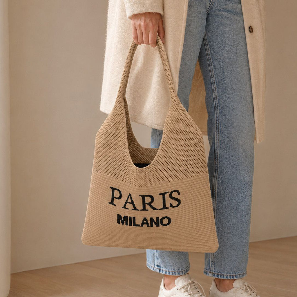 Women Knit Tote Bag, Letter Print Large Capacity Shoulder Bag