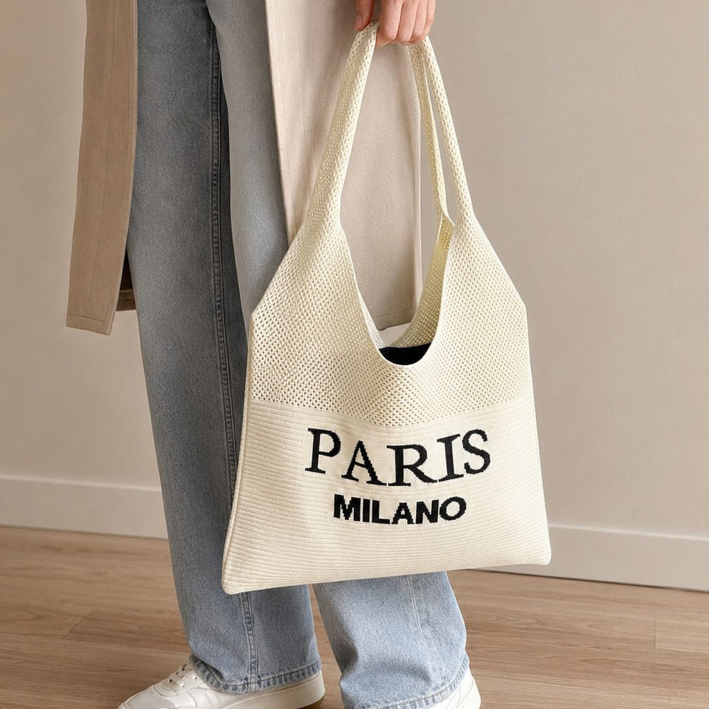 Women Knit Tote Bag, Letter Print Large Capacity Shoulder Bag