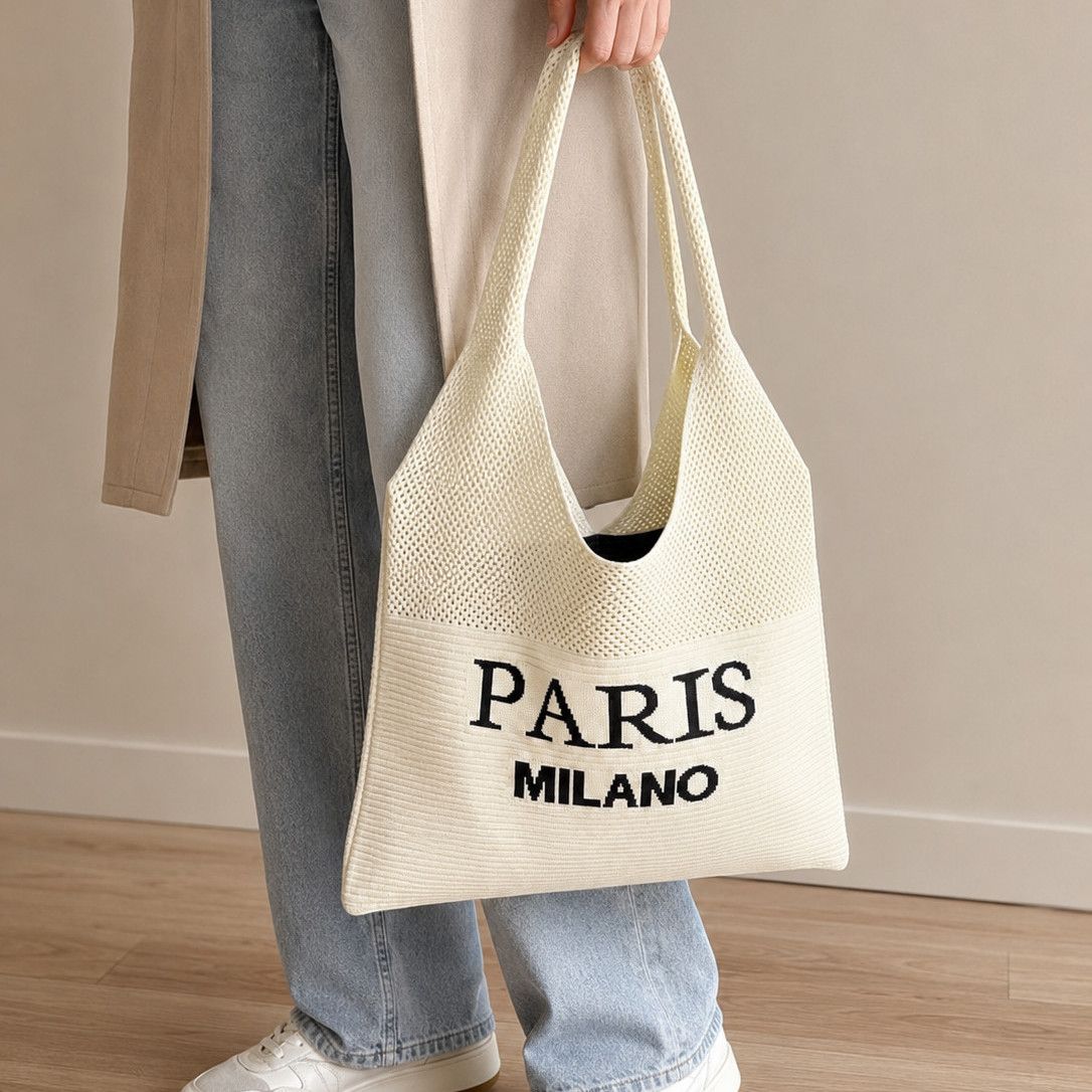 Women Knit Tote Bag, Letter Print Large Capacity Shoulder Bag
