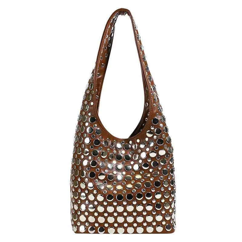 Women Rivet Inlay Hobo Bucket Bag, Large Capacity Shoulder Tote Bag