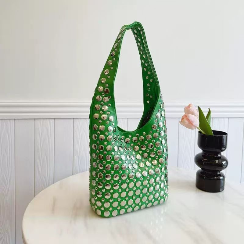 Women Rivet Inlay Hobo Bucket Bag, Large Capacity Shoulder Tote Bag