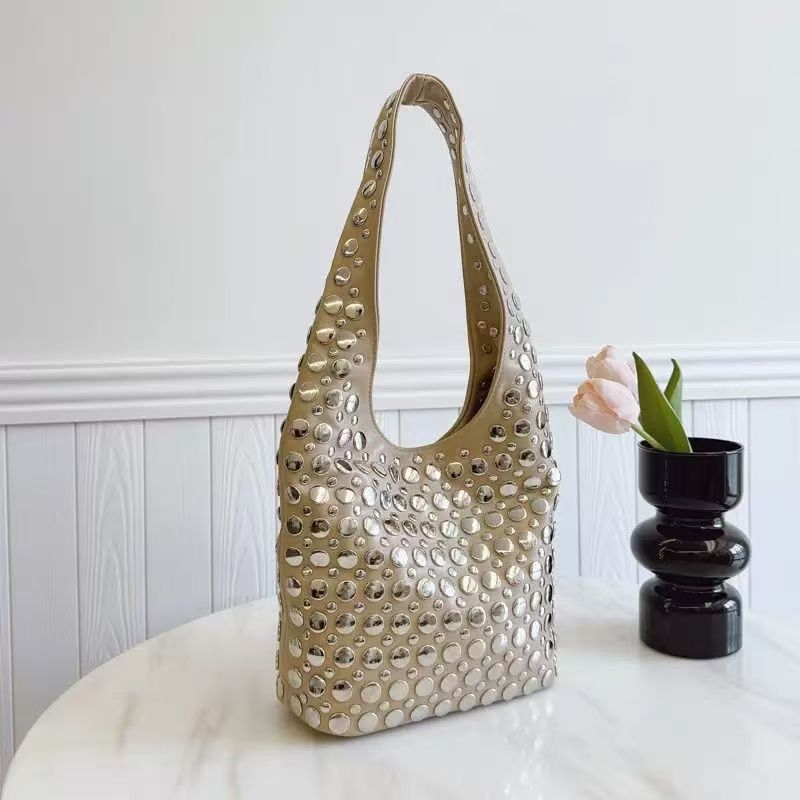 Women Rivet Inlay Hobo Bucket Bag, Large Capacity Shoulder Tote Bag