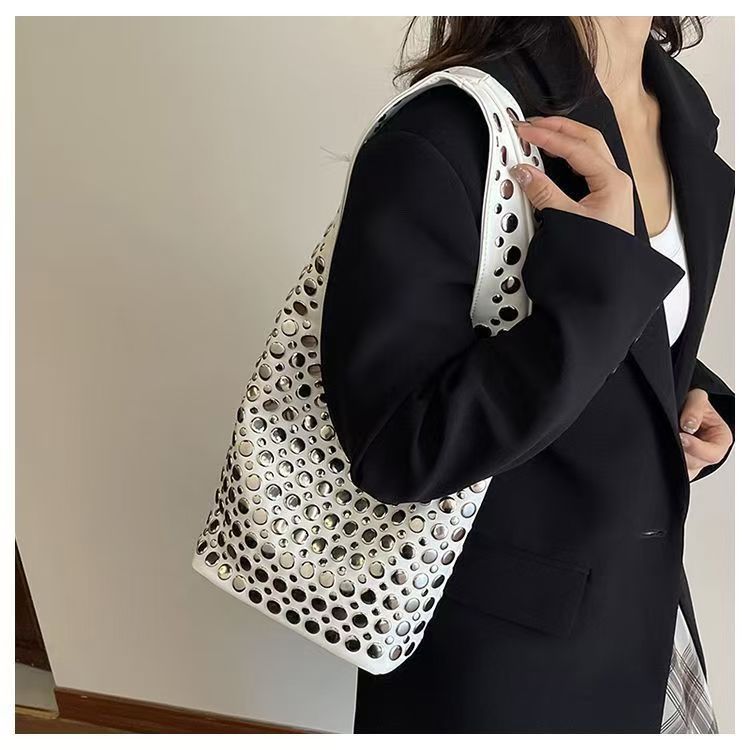 Women Rivet Inlay Hobo Bucket Bag, Large Capacity Shoulder Tote Bag