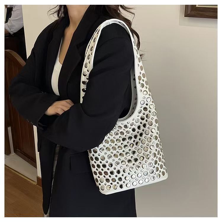Women Rivet Inlay Hobo Bucket Bag, Large Capacity Shoulder Tote Bag