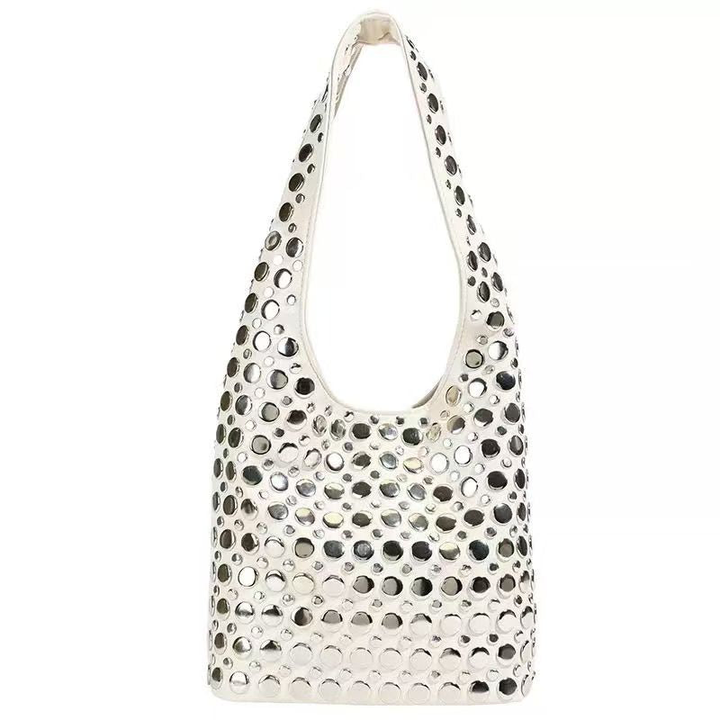 Women Rivet Inlay Hobo Bucket Bag, Large Capacity Shoulder Tote Bag