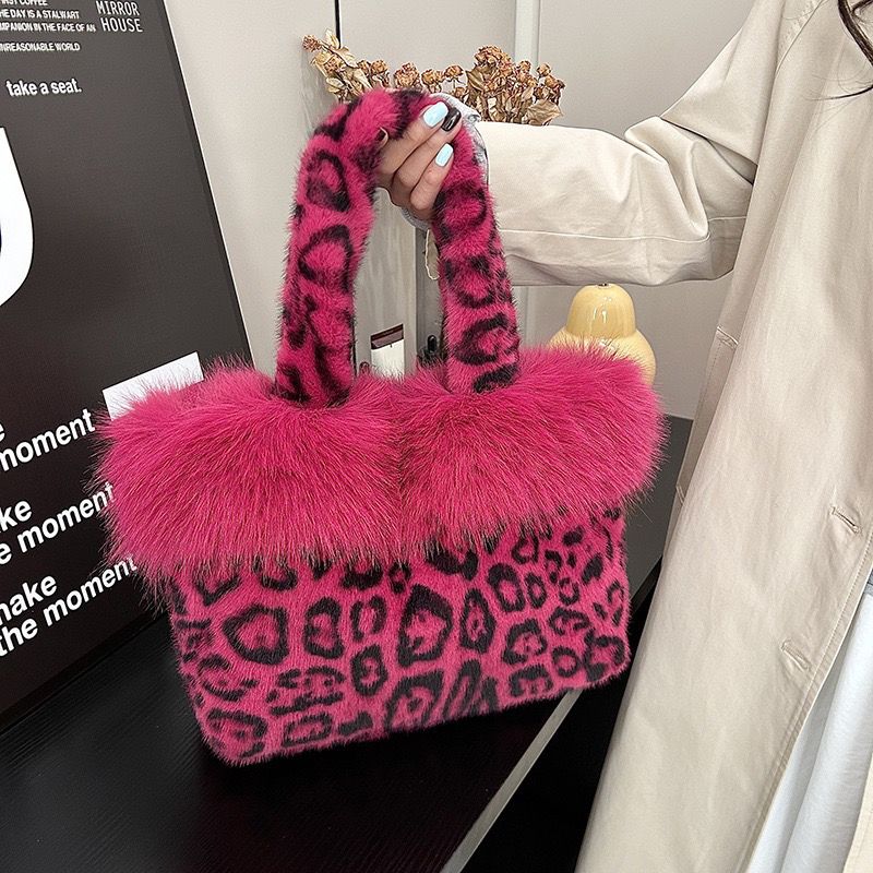 Women Fuzzy Plush Leopard Tote Bucket Bag, Winter Daily Handbag