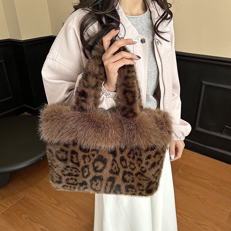 Women Fuzzy Plush Leopard Tote Bucket Bag, Winter Daily Handbag