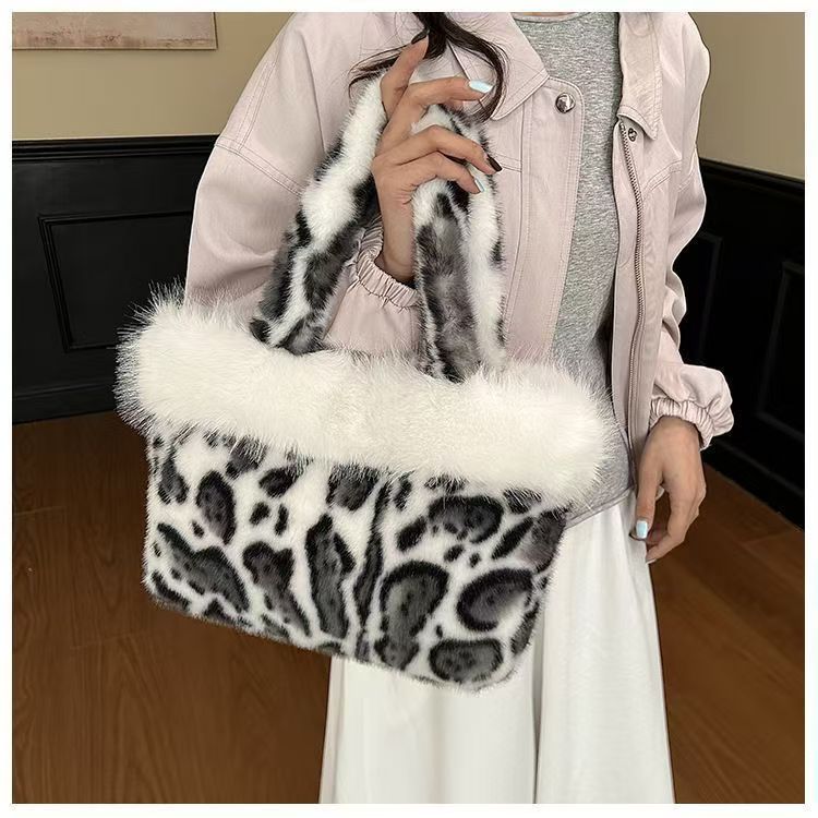 Women Fuzzy Plush Leopard Tote Bucket Bag, Winter Daily Handbag