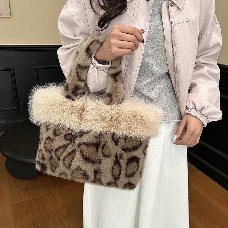 Women Fuzzy Plush Leopard Tote Bucket Bag, Winter Daily Handbag