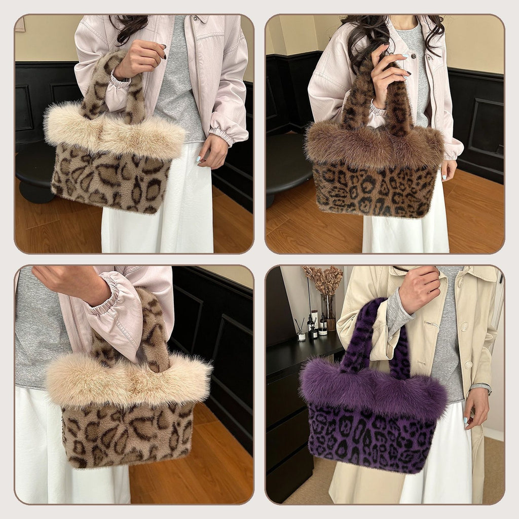 Women Fuzzy Plush Leopard Tote Bucket Bag, Winter Daily Handbag