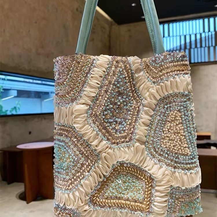 Vintage Embroidered Sequin Beaded Tote Handbag, 2026 Spring Summer Small Square Bag