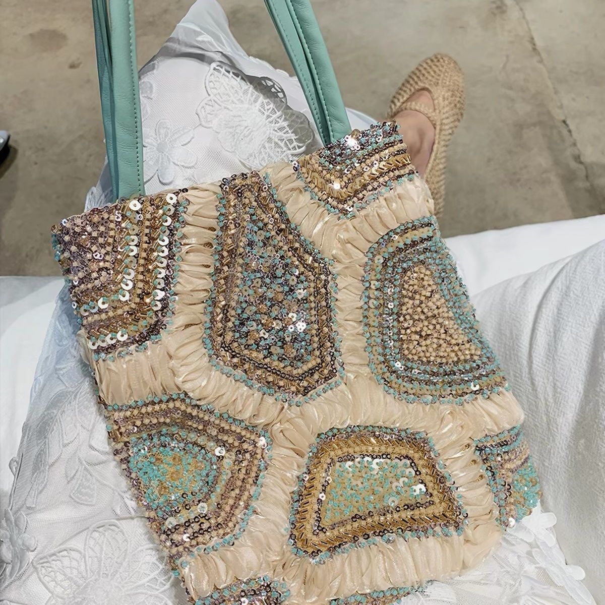 Vintage Embroidered Sequin Beaded Tote Handbag, 2026 Spring Summer Small Square Bag