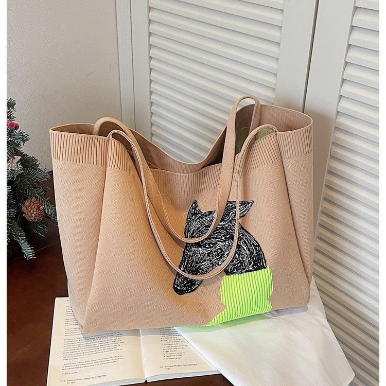 Knitted Dog Print Large Capacity Tote Bag, Casual Commute Shoulder Laptop Handbag