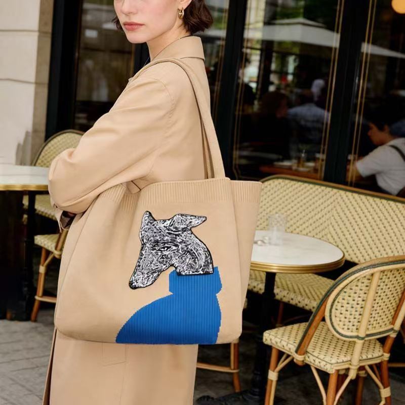 Knitted Dog Print Large Capacity Tote Bag, Casual Commute Shoulder Laptop Handbag