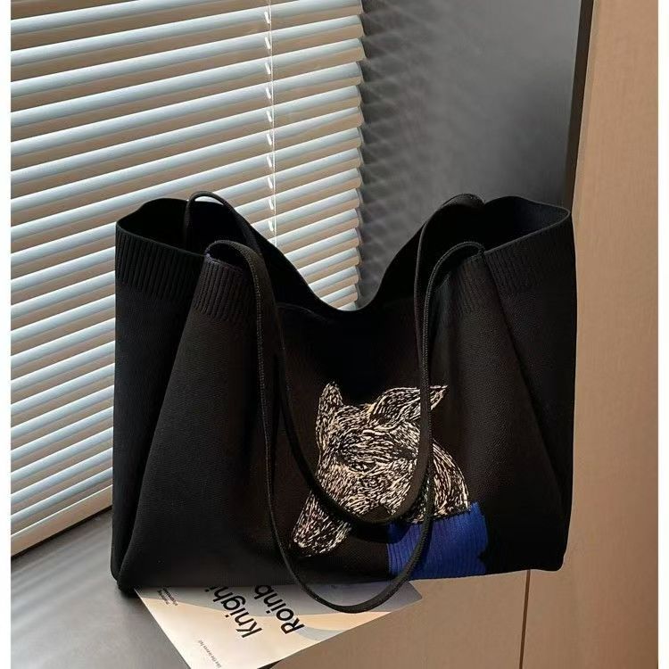 Knitted Dog Print Large Capacity Tote Bag, Casual Commute Shoulder Laptop Handbag