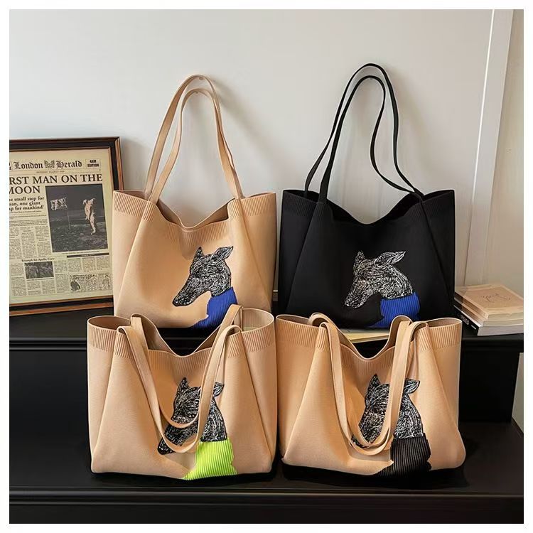 Knitted Dog Print Large Capacity Tote Bag, Casual Commute Shoulder Laptop Handbag