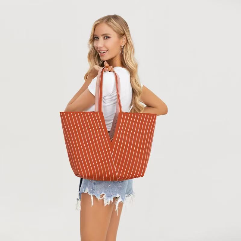 Women’s Vertical Striped Nylon Tote Bag, Trendy Oversized Shoulder Shopping Handbag with Small Pouch