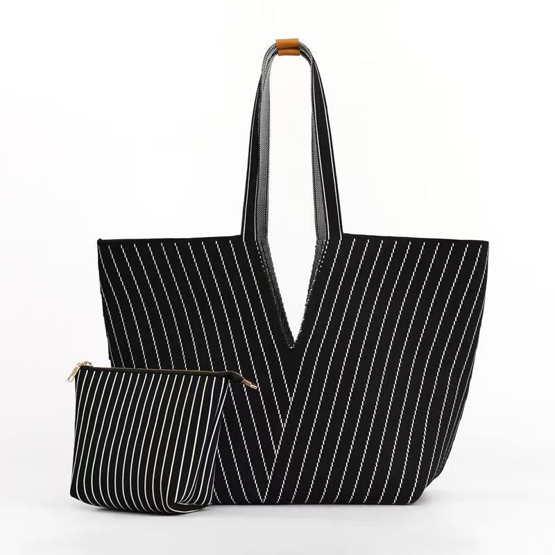 Women’s Vertical Striped Nylon Tote Bag, Trendy Oversized Shoulder Shopping Handbag with Small Pouch