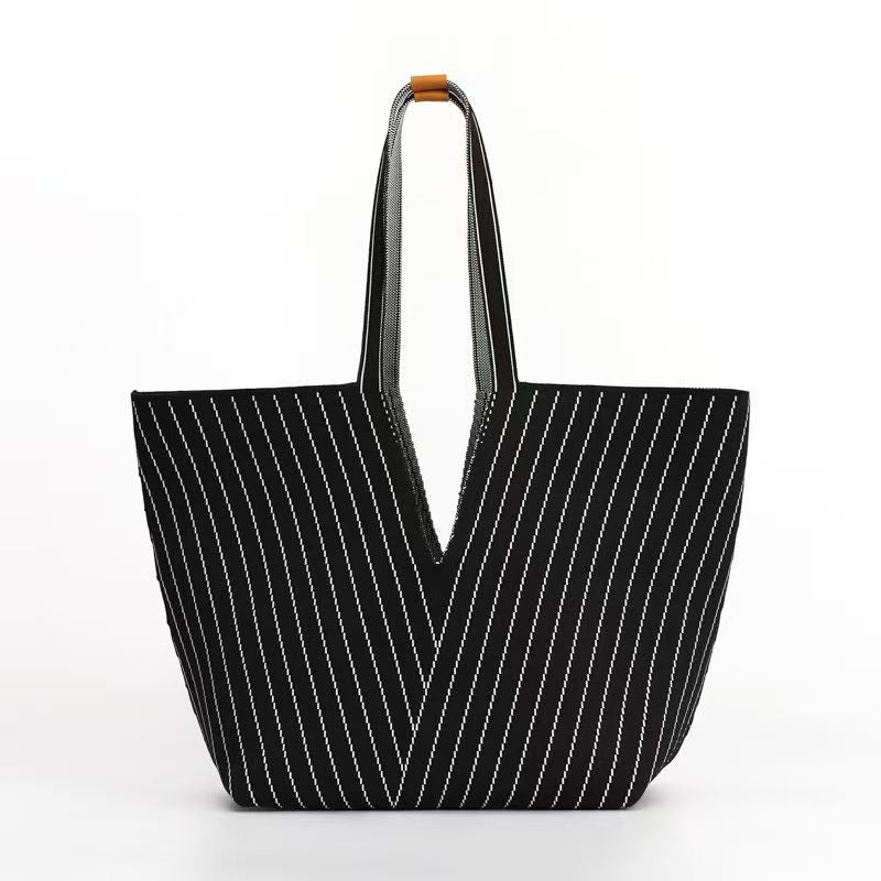 Women’s Vertical Striped Nylon Tote Bag, Trendy Oversized Shoulder Shopping Handbag with Small Pouch
