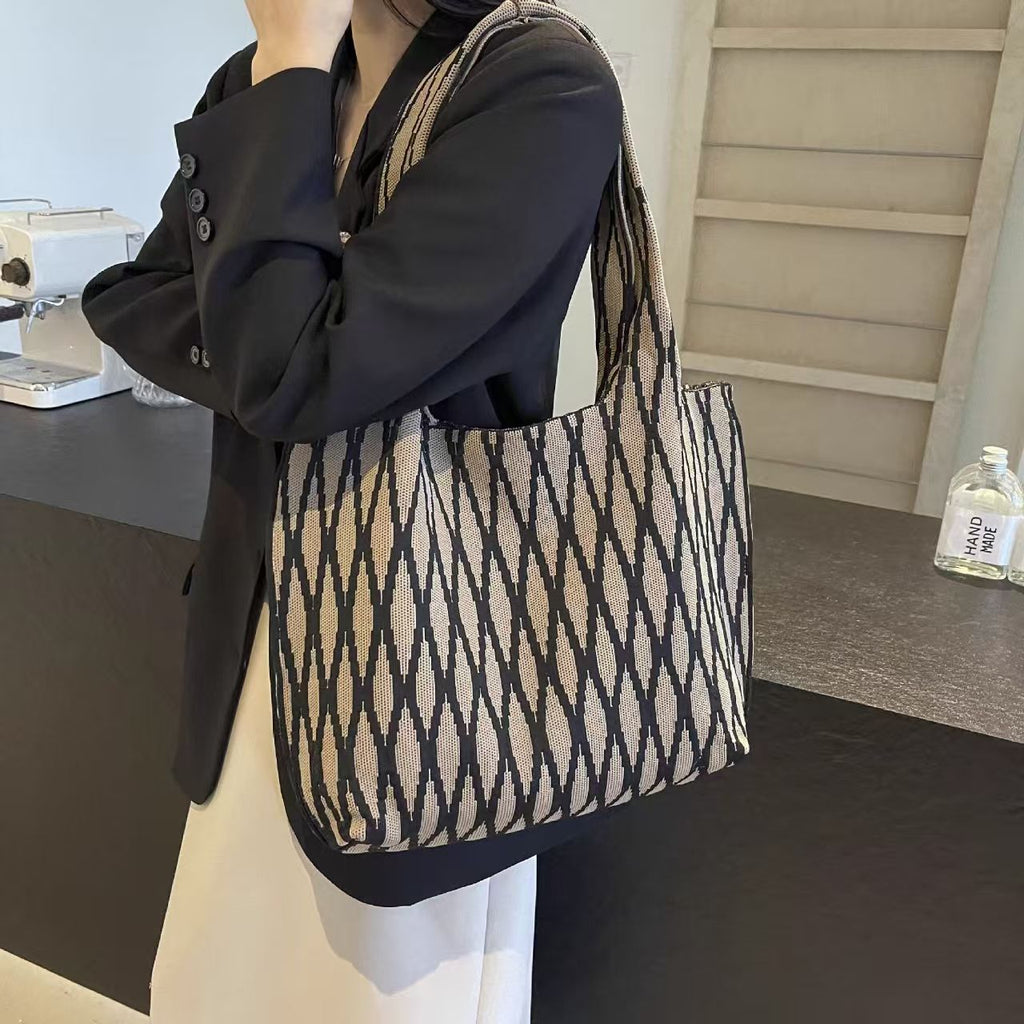 Women’s Geometric Pattern Knit Tote Bag, Large Capacity Casual Shoulder Handbag