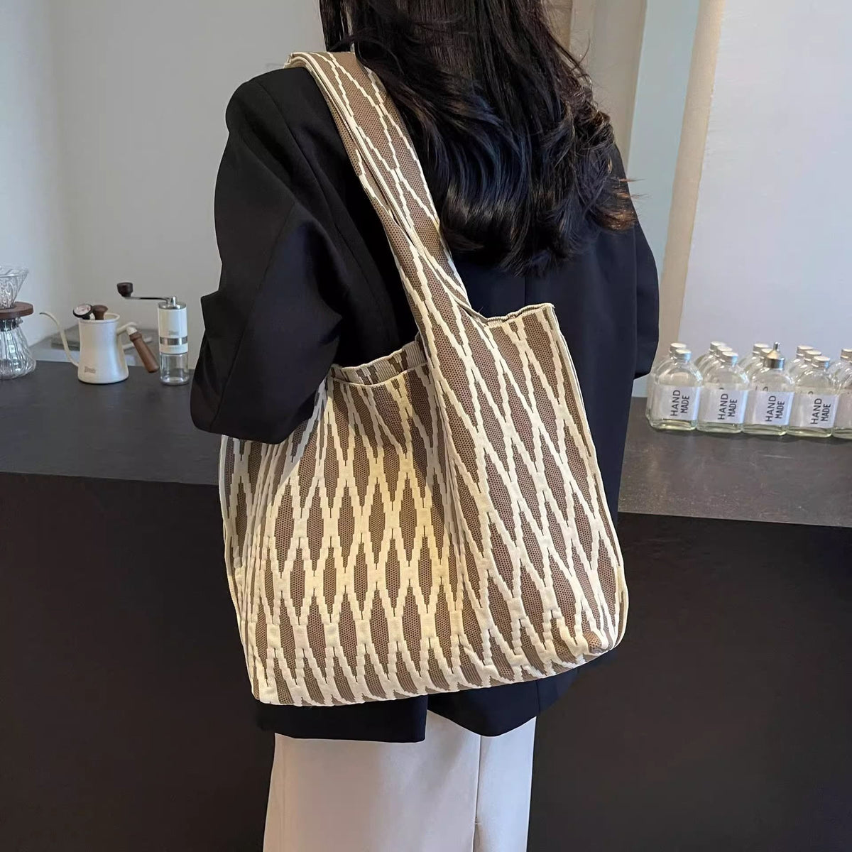 Women’s Geometric Pattern Knit Tote Bag, Large Capacity Casual Shoulder Handbag