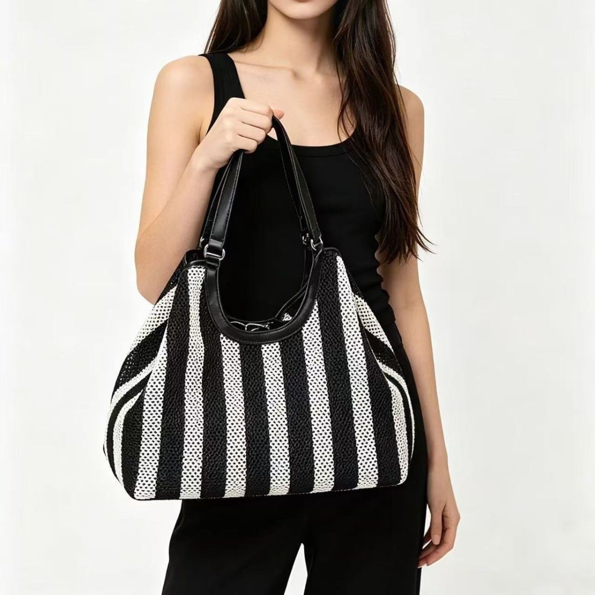 Urban Cathedral Inspired Striped Canvas Tote Bag, Casual Everyday Shoulder Handbag