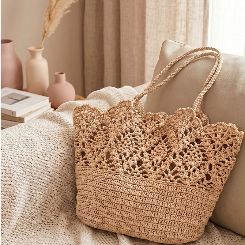 Boho Hand Crochet Pineapple Flower Straw Tote Bag, Large Summer Woven Shoulder Bag