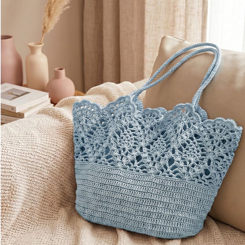 Boho Hand Crochet Pineapple Flower Straw Tote Bag, Large Summer Woven Shoulder Bag