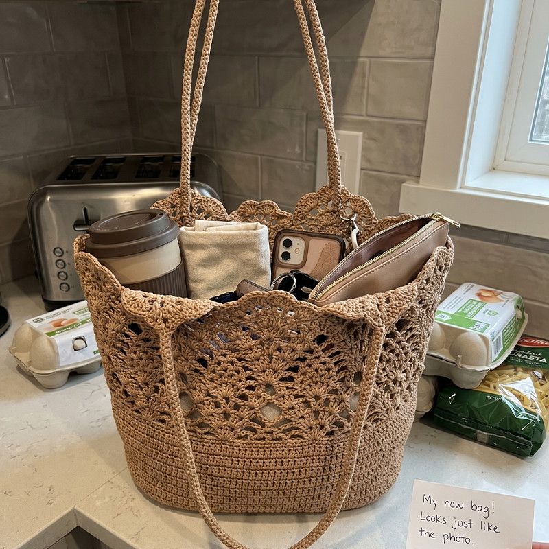 Boho Hand Crochet Pineapple Flower Straw Tote Bag, Large Summer Woven Shoulder Bag
