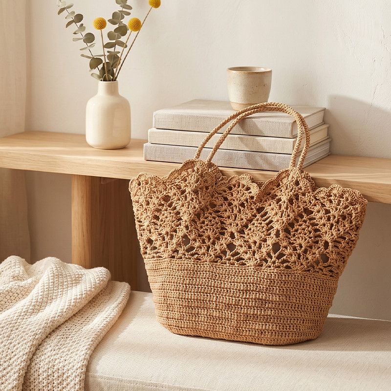 Boho Hand Crochet Pineapple Flower Straw Tote Bag, Large Summer Woven Shoulder Bag