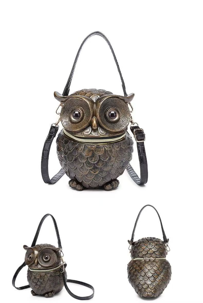 Novelty 3D Owl Crossbody Purse, Embossed Cowhide Leather Statement Handbag