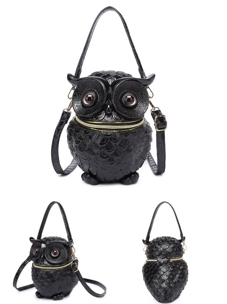 Novelty 3D Owl Crossbody Purse, Embossed Cowhide Leather Statement Handbag