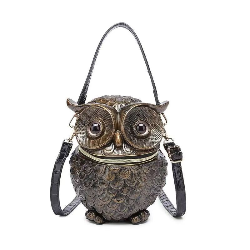 Novelty 3D Owl Crossbody Purse, Embossed Cowhide Leather Statement Handbag