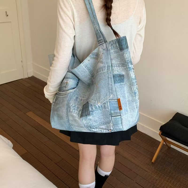 Vintage Denim Print Oversized Tote Bag, Large Casual Canvas Shoulder Purse
