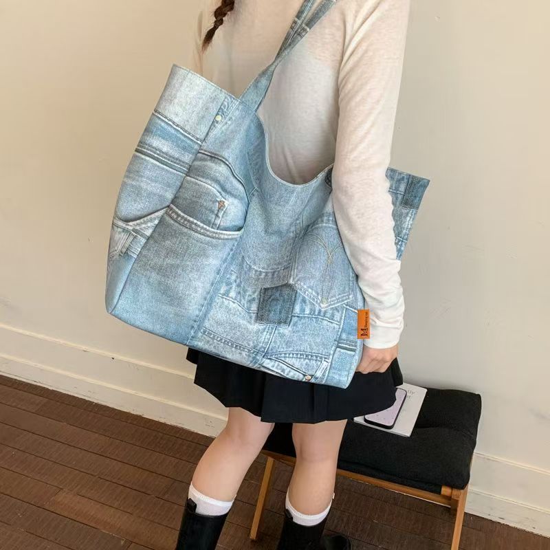 Vintage Denim Print Oversized Tote Bag, Large Casual Canvas Shoulder Purse