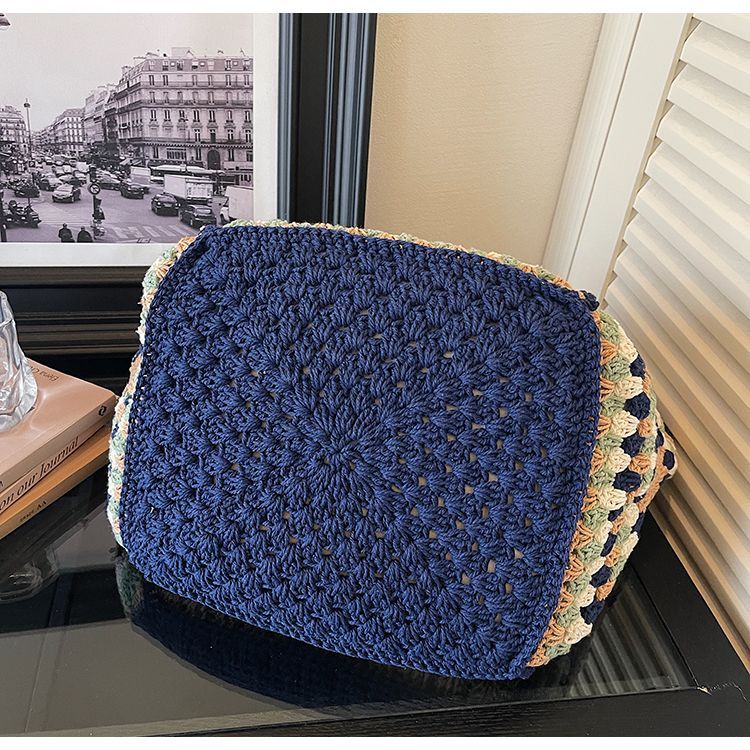 Hand Crochet Geometric Pattern Tote Bag, Large Capacity Woven Cotton Shoulder Purse