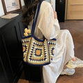 Hand Crochet Geometric Pattern Tote Bag, Large Capacity Woven Cotton Shoulder Purse