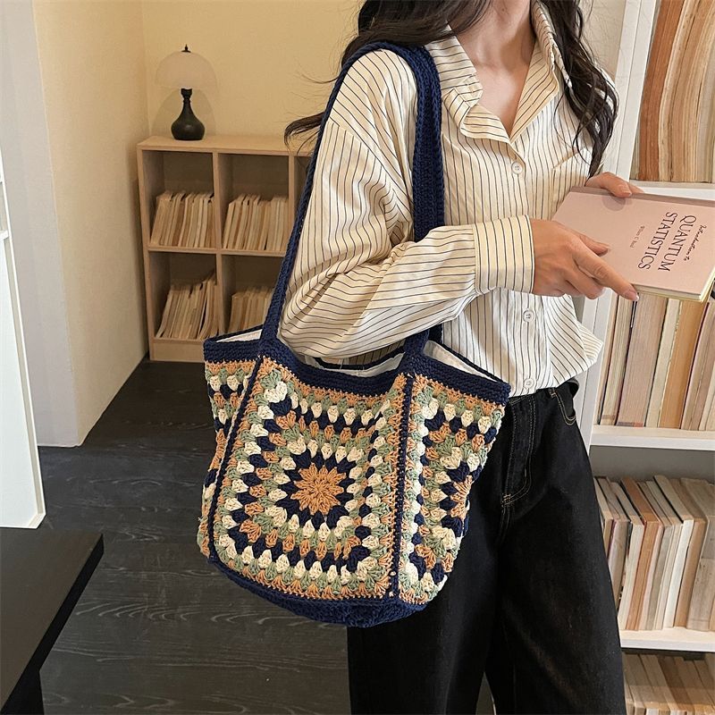 Hand Crochet Geometric Pattern Tote Bag, Large Capacity Woven Cotton Shoulder Purse